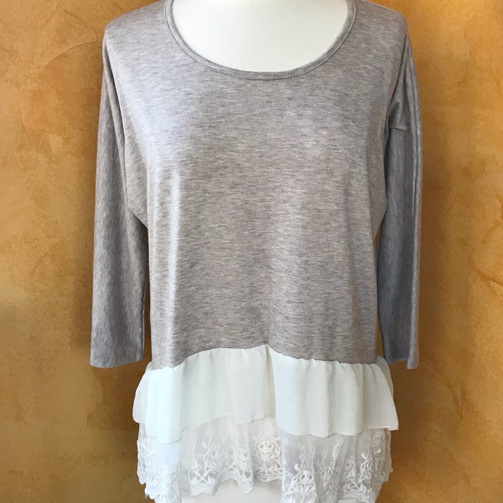 Suzy Shier tan top with lace and ruffle detail